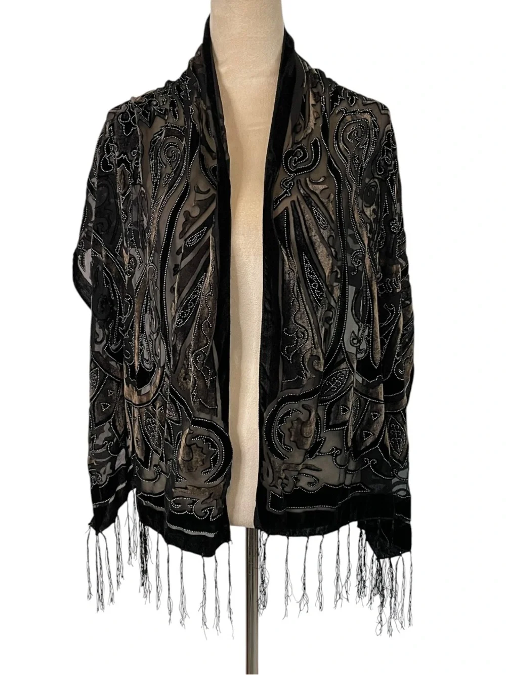 Black Velvet Burnout Paisley Fringe Scarf Shawl
